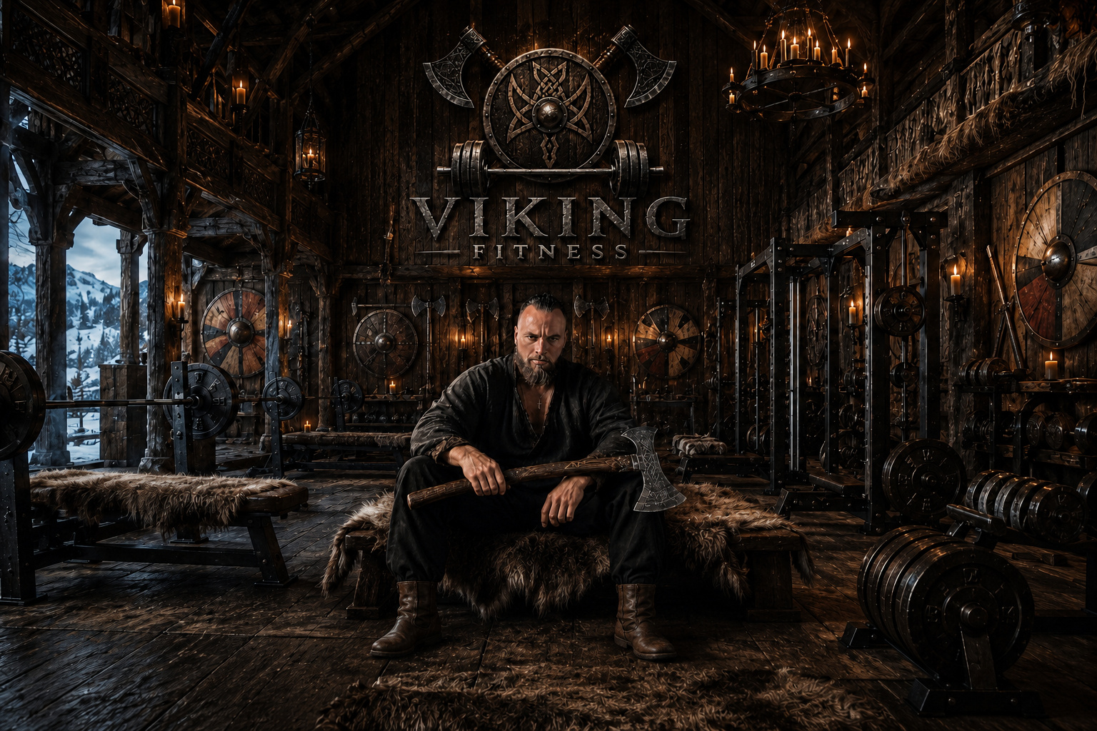 Salón vikingo con equipo de entrenamiento